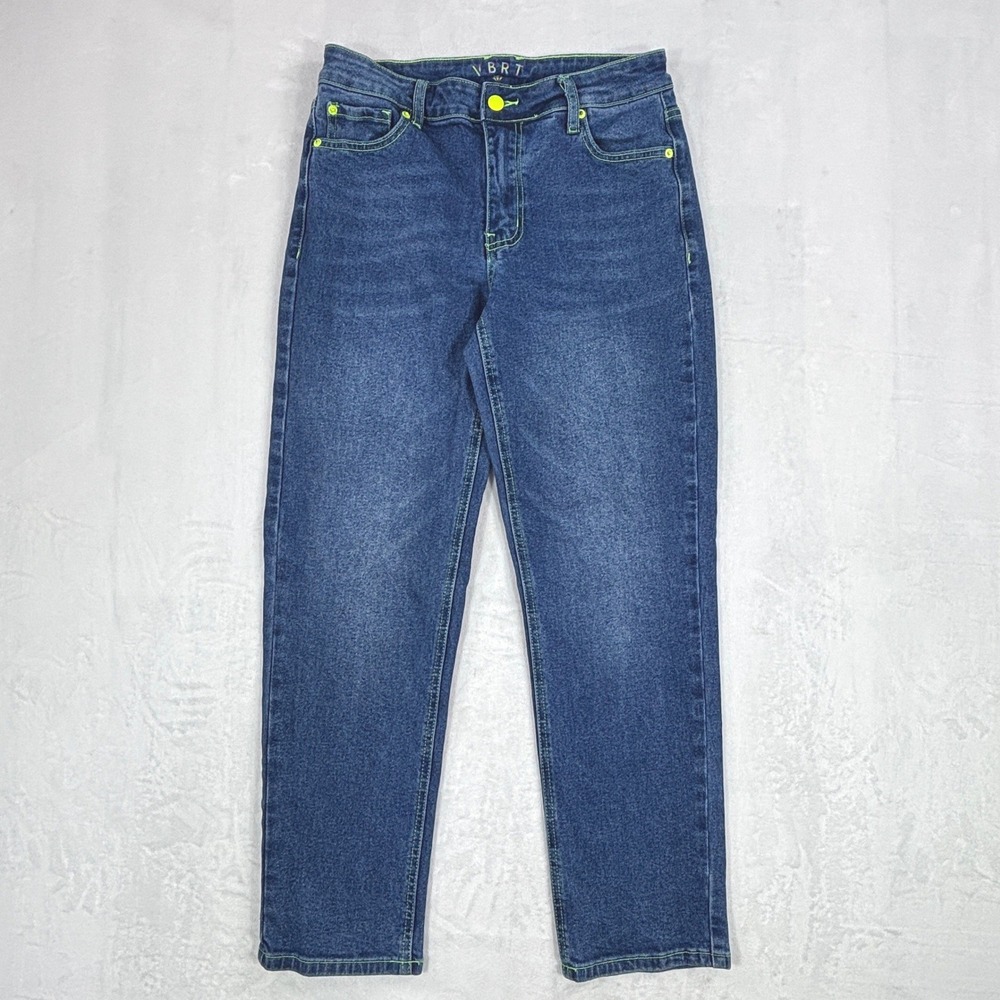 Vibrant Miu VBRT Jeans Womens 7 W27 Medium Wash Neon Green Contrast Stitch
